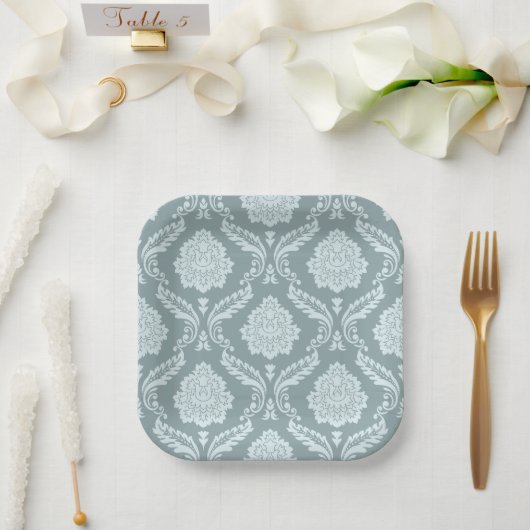 Rococo-Damaskmuster Entenei Blau+Türkis Papier Pla Pappteller (Hochzeit)