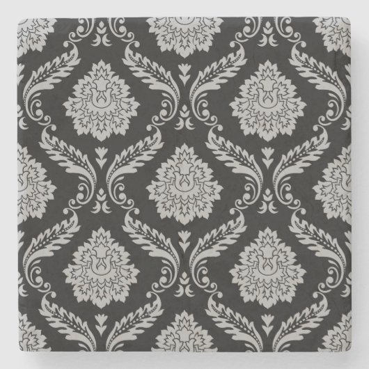 Rococo-Damaskmuster Grau auf Schwarz Steinuntersetzer (Vorderseite)