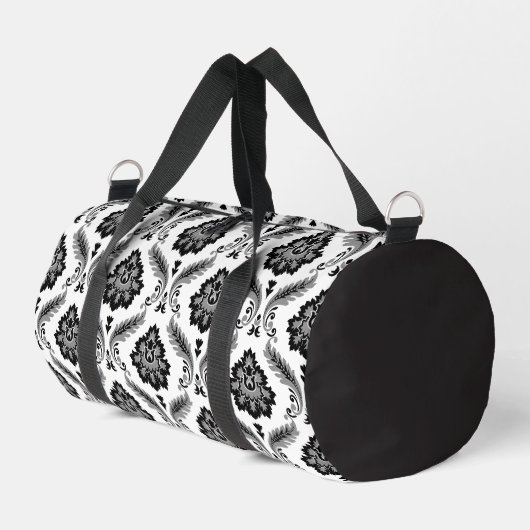 Rococo-Damaskmuster Grau Schwarz Weiß Duffle Bag (Linke Seite)