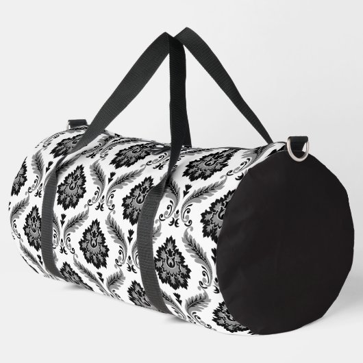 Rococo-Damaskmuster Grau Schwarz Weiß Duffle Bag (Linke Ecke)
