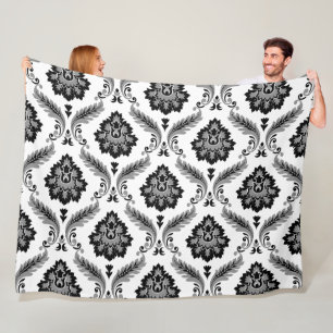 Rococo-Damaskmuster Grau Schwarz Weiß Fleecedecke