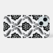 Rococo-Damaskmuster Grau Schwarz Weiß iPhone 15 Hülle (Rückseite (Horizontal))