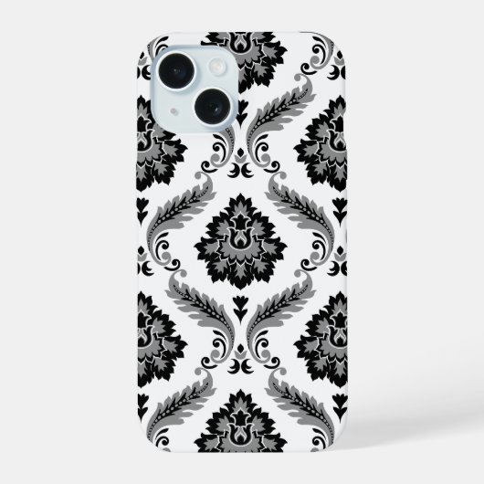 Rococo-Damaskmuster Grau Schwarz Weiß iPhone 15 Hülle (Rückseite)