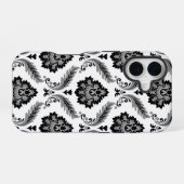 Rococo-Damaskmuster Grau Schwarz Weiß iPhone 16 Hülle (Rückseite (Horizontal))
