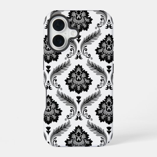 Rococo-Damaskmuster Grau Schwarz Weiß iPhone 16 Hülle (Rückseite)