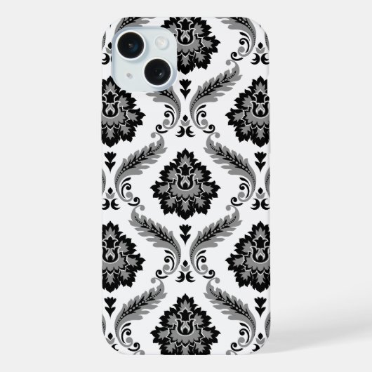 Rococo-Damaskmuster Grau Schwarz Weiß iPhone Hülle (Rückseite)