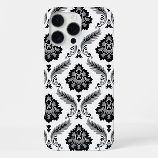 Rococo-Damaskmuster Grau Schwarz Weiß iPhone Hülle (Rückseite)