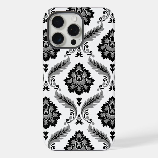 Rococo-Damaskmuster Grau Schwarz Weiß iPhone Hülle (Rückseite)