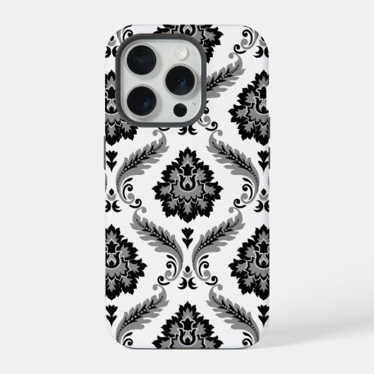 Rococo-Damaskmuster Grau Schwarz Weiß iPhone Hülle (Rückseite)