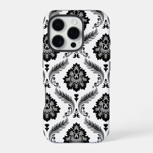 Rococo-Damaskmuster Grau Schwarz Weiß iPhone Hülle (Rückseite)
