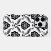 Rococo-Damaskmuster Grau Schwarz Weiß iPhone Hülle (Rückseite (Horizontal))