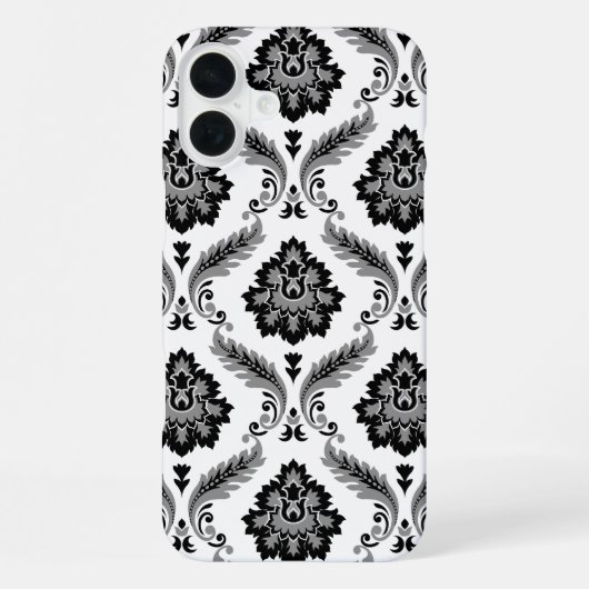 Rococo-Damaskmuster Grau Schwarz Weiß iPhone Hülle (Rückseite)