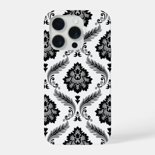 Rococo-Damaskmuster Grau Schwarz Weiß iPhone Hülle (Rückseite)