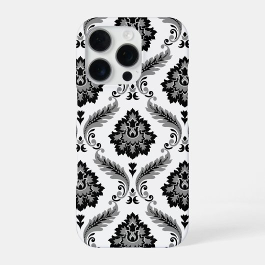 Rococo-Damaskmuster Grau Schwarz Weiß iPhone Hülle (Rückseite)