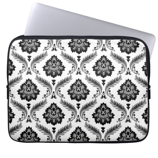 Rococo-Damaskmuster Grau Schwarz Weiß Laptopschutzhülle (Vorderseite)