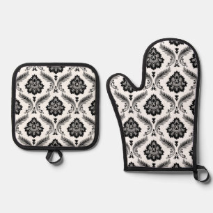 Rococo-Damaskmuster Grau Schwarz Weiß Ofenhandschuh & Topflappen-Set
