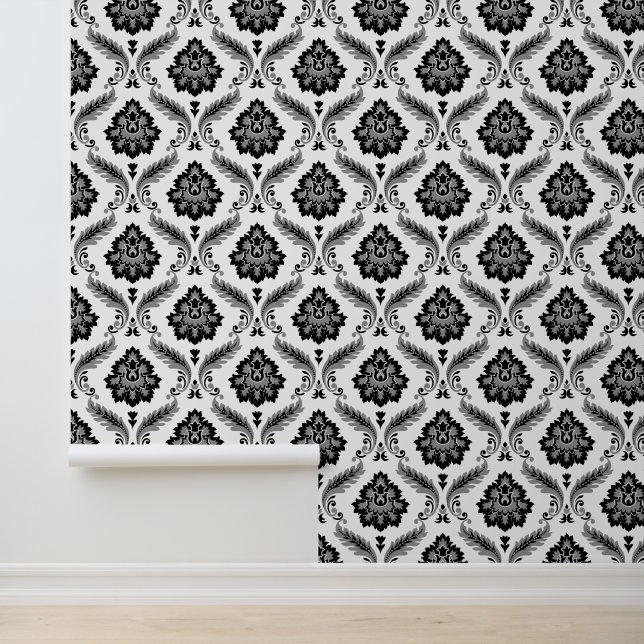 Rococo-Damaskmuster Grau Schwarz Weiß Tapete (Anwendung)