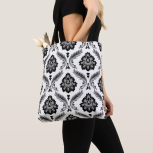 Rococo-Damaskmuster Grau Schwarz Weiß Tasche