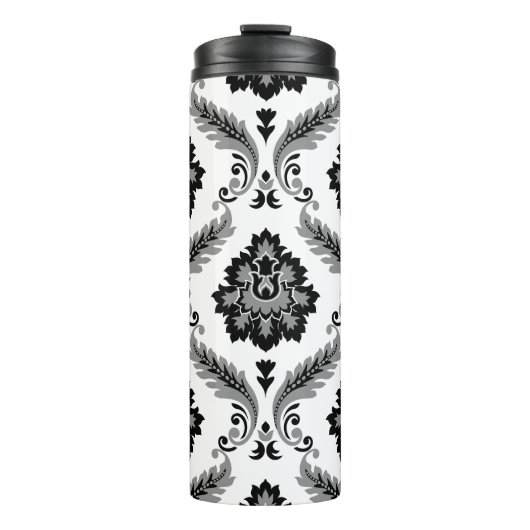 Rococo-Damaskmuster Grau Schwarz Weiß Thermosbecher (Vorderseite)
