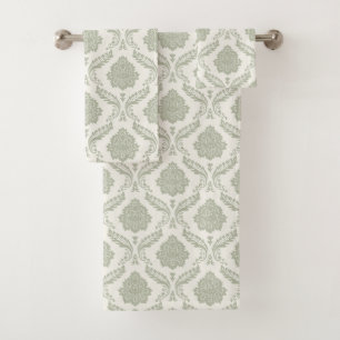 Rococo-Damaskmuster Grün auf Creme Badhandtuch Set