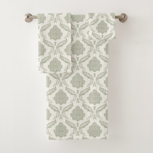 Rococo-Damaskmuster Grün auf Creme Badhandtuch Set (Insitu)