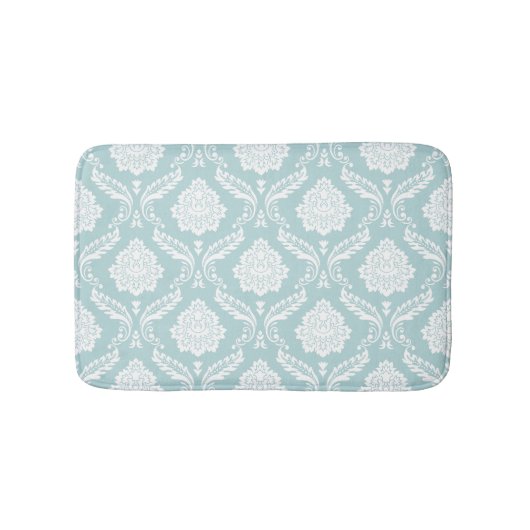 Rococo-Damaskmuster Weiß auf Enteneiblau Badematte (Vorderseite)