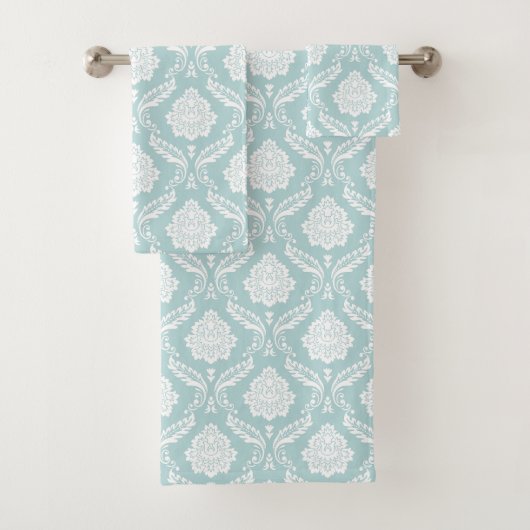 Rococo-Damaskmuster Weiß auf Enteneiblau Badhandtuch Set (Insitu)