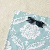 Rococo-Damaskmuster Weiß auf Enteneiblau Strandtuch (Beispiel)