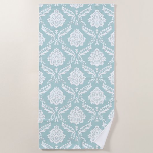 Rococo-Damaskmuster Weiß auf Enteneiblau Strandtuch (Vorderseite)