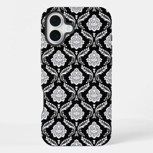 Rococo-Damaskmuster Weiß auf Schwarz iPhone Hülle (Rückseite)