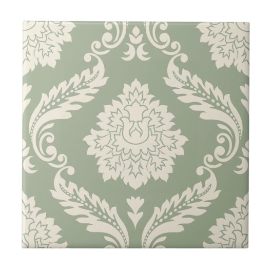 Rococo Damast großes Muster Creme auf Grün Fliese (Vorderseite)
