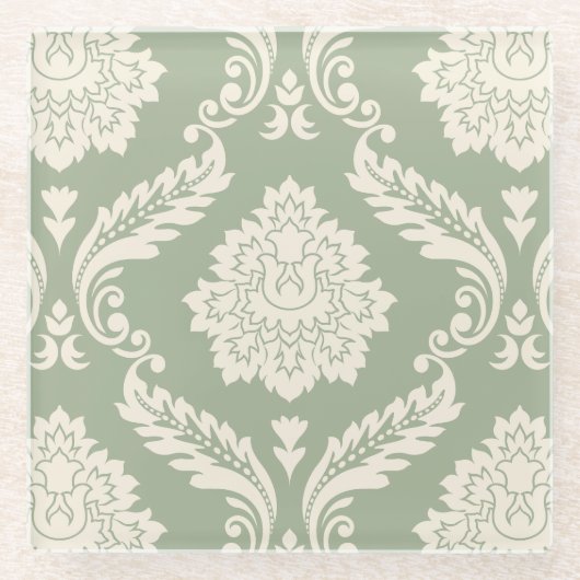 Rococo Damast großes Muster Creme auf Grün Glasuntersetzer (Vorderseite)