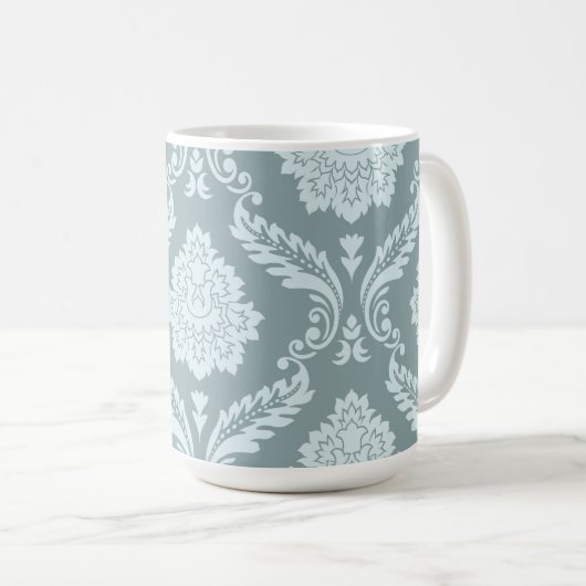 Rococo Damast großes Muster Enteneiblau+Türkis Kaffeetasse (VorderseiteRechts)