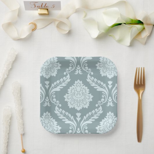 Rococo Damast großes Muster Enteneiblau+Türkis Pappteller (Hochzeit)