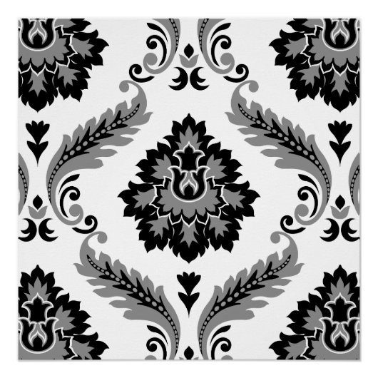 Rococo Damast großes Muster Grau Schwarz Weiß Poster (Vorderseite)