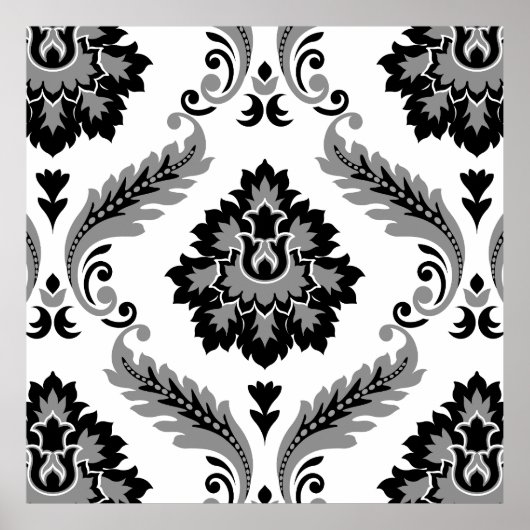 Rococo Damast großes Muster Grau Schwarz Weiß Poster (Vorne)