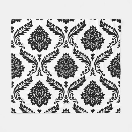 Rococo Damast großes Muster Schwarz auf Weiß Fleecedecke (Vorderseite (Horizontal))