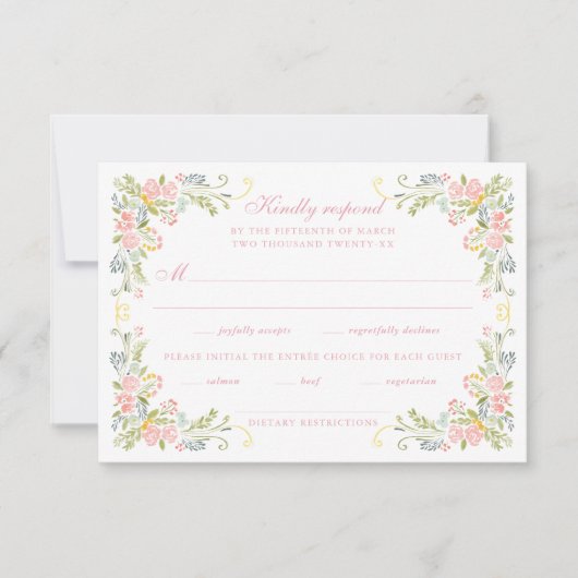 Rococo Floral Border Wedding RSVP Karte (Vorderseite)
