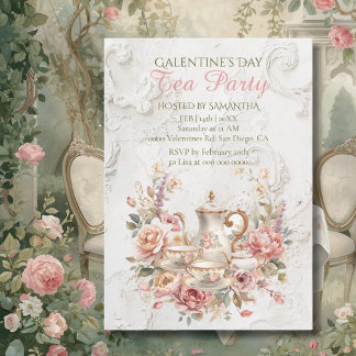Rococo Floral Tea Galentine Party Soft Blush Einladung