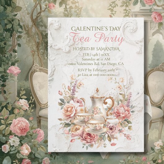 Rococo Floral Tea Galentine Party Soft Blush Einladung