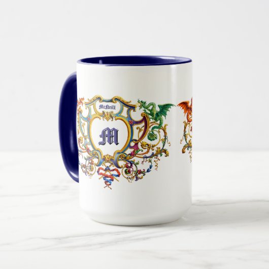 Rococo-Kartusche mit Drachen, Name und Monogramm Tasse (Vorderseite Links)
