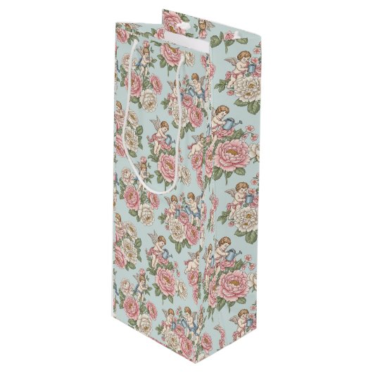 Rococo Revival Cherub Floral Toile Wrapping Paper Geschenktüte Für Weinflaschen (Vorderseite Schrägansicht)