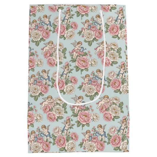 Rococo Revival Cherub Floral Toile Wrapping Paper Mittlere Geschenktüte (Rückseite)