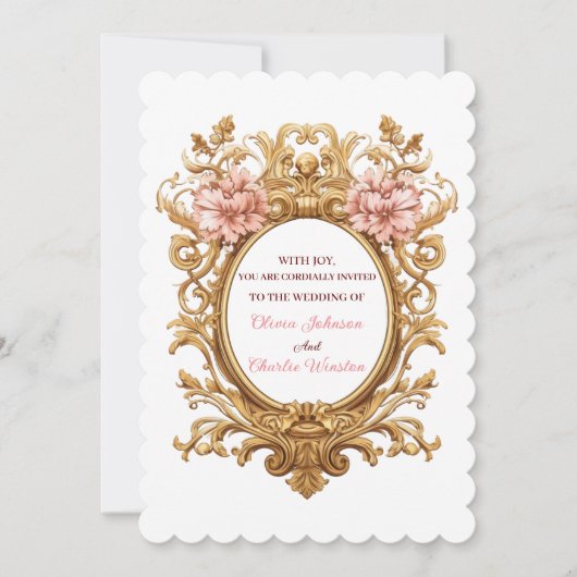 Rococo Royal Wedding Blush Florals Golden Scrolls Einladung (Vorderseite)