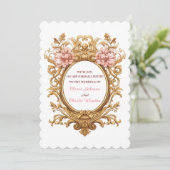 Rococo Royal Wedding Blush Florals Golden Scrolls Einladung (Stehend Vorderseite)