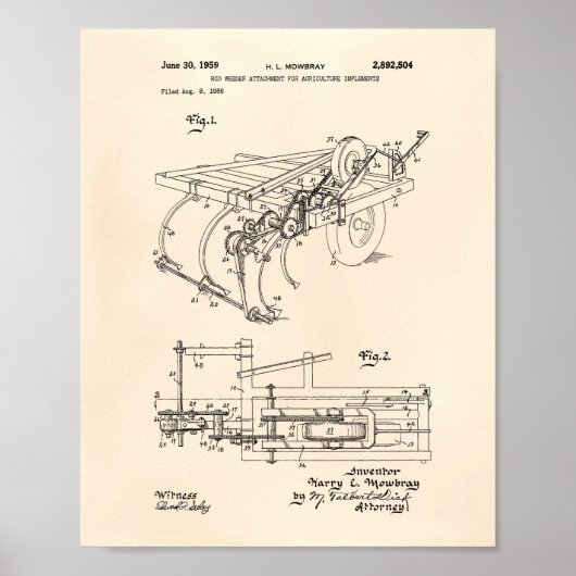 Rod Weeder Attachment 1959 Patent Art Old Peper Poster (Vorne)