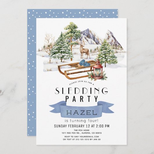 Rodelbahn Party Winterschnee Berge Geburtstag Einladung (Vorne/Hinten)