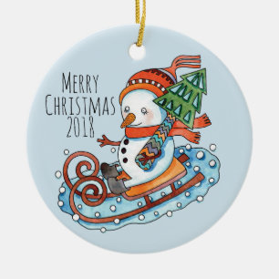 Rodelbahn Snowman Keramik Ornament