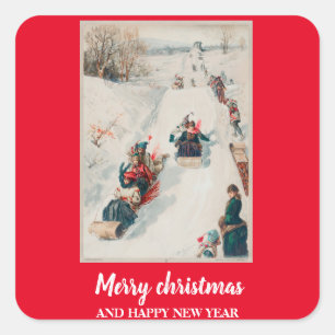 Rodeln" Chromolithograph - Weihnachtsfeiertag Quadratischer Aufkleber