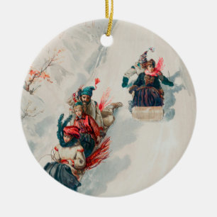 "Rodeln", Chromolithographie, Louis Prang & Co. Keramik Ornament